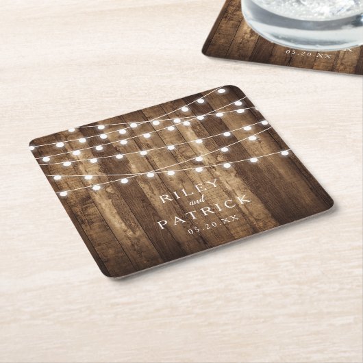 素朴ウッド&フェアリーパーソナライズされたラ結婚イ スクエアペーパーコースター (アングル)