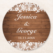 素朴ウッド&ホワイトレース結婚ズ ラウンドペーパーコースター (正面)