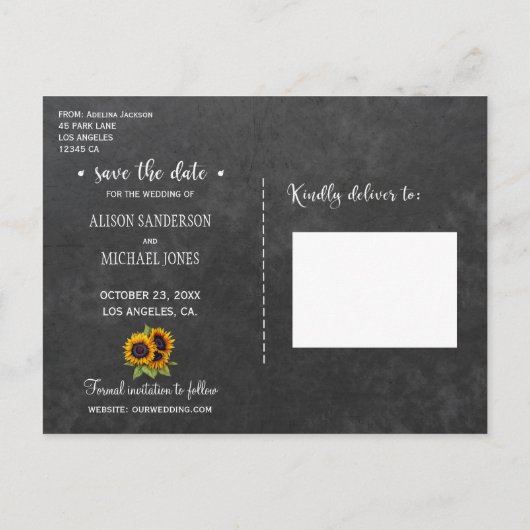素朴エレガントな救ひまわり結婚写真の日付 案内ポストカード (裏面)