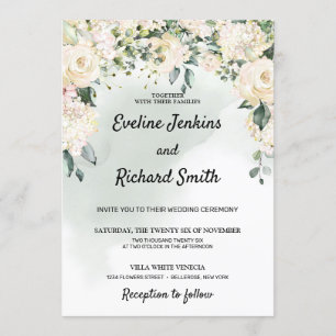 素朴エレガントな白いバラのフローラの緑結婚の木 招待状