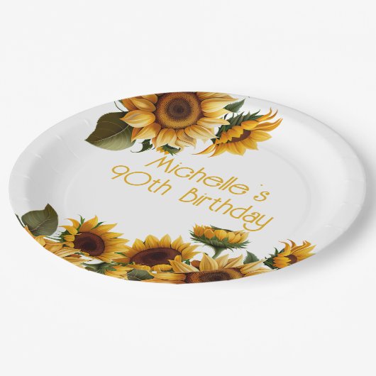 素朴エレガントひまわり白90誕生日 ペーパープレート (アングル)