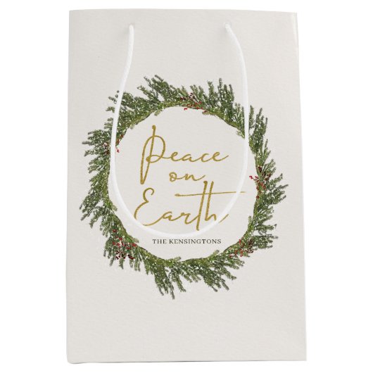 素朴エレガントクリスマスリース平和オン・アース ミディアムペーパーバッグ (正面)