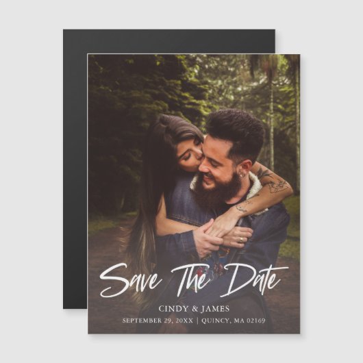 素朴エレガントスクリプト写真に日付を保存  マグネット招待状 (正面/裏面)