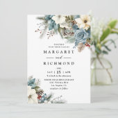 素朴エレガントダスティブルーフローラ冬の結婚式 招待状 (スタンド正面)