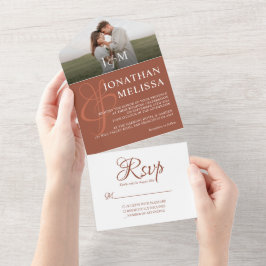 素朴エレガントテラコッタ写真モノグラム結婚ズ オールインワン招待状