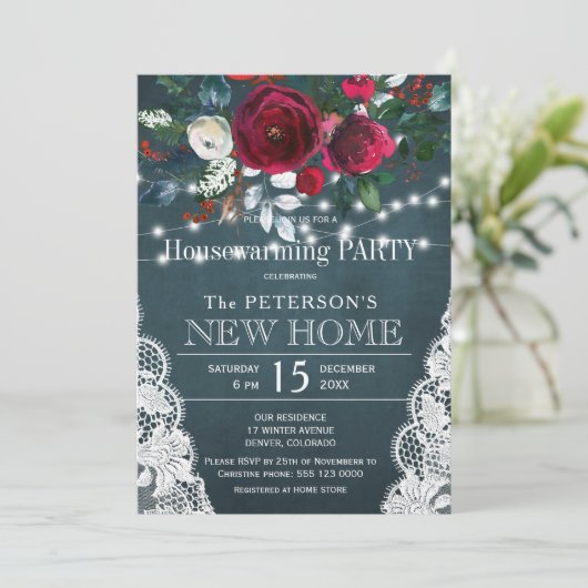 素朴エレガントフローラ冬引っ越し祝いパーティーパーティー 招待状 (スタンド正面)