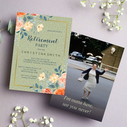 素朴エレガントフローラ水色退職パーティー 招待状