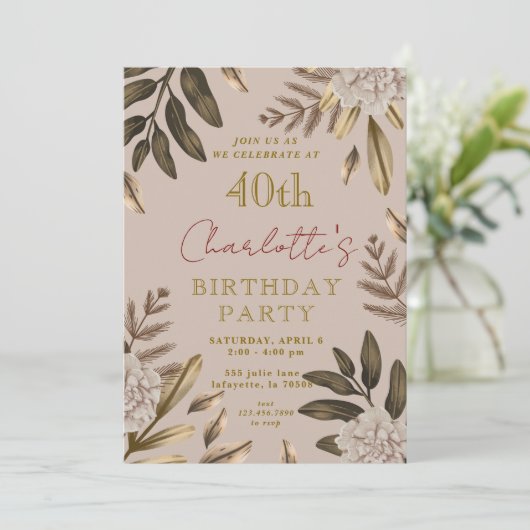 素朴エレガントフローラ40歳の誕生日招待状 招待状 (スタンド正面)