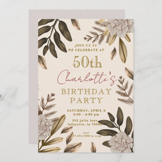 素朴エレガントフローラ50番目の誕生日招待状 招待状 (正面/裏面)
