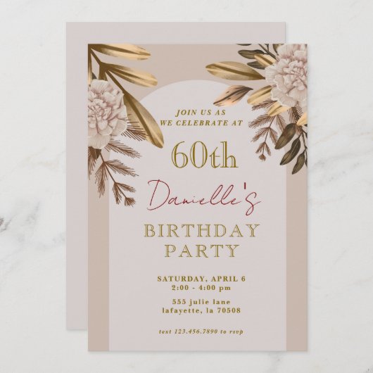 素朴エレガントフローラ60番目の誕生日招待状 招待状 (正面/裏面)