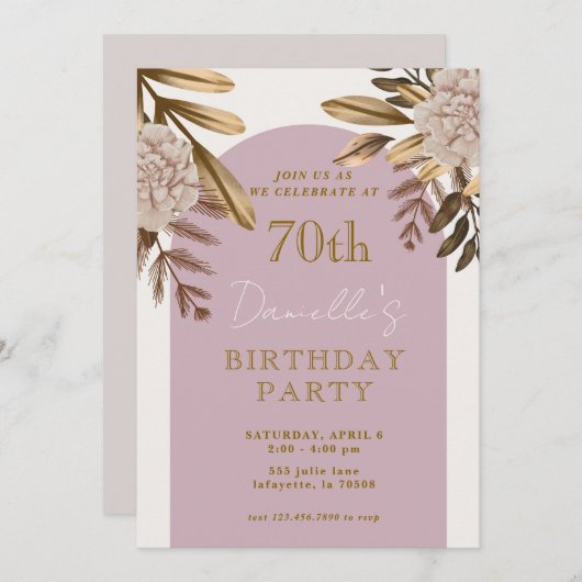 素朴エレガントフローラ70番目の誕生日招待状 招待状 (正面/裏面)