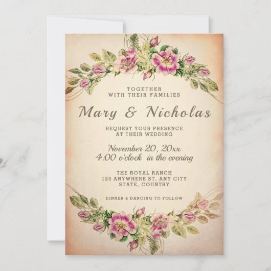 素朴エレガントヴィンテージフローラ結婚式招待状 招待状 (正面)