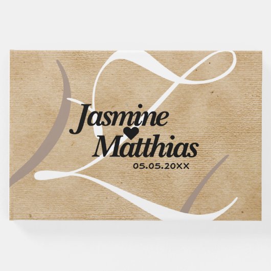 素朴エレガントヴィンテージモノグラム結婚Burlap ゲストブック (正面)