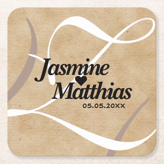 素朴エレガントヴィンテージモノグラム結婚Burlap スクエアペーパーコースター (正面)