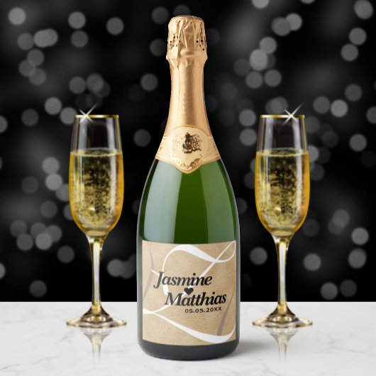 素朴エレガントヴィンテージモノグラム結婚Burlap スパークリングワインラベル