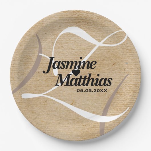 素朴エレガントヴィンテージモノグラム結婚Burlap ペーパープレート (正面)