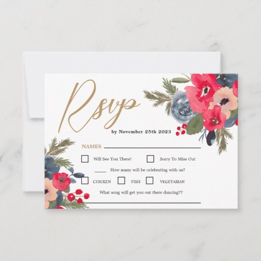素朴エレガント冬フローラ水結婚色 出欠カード (正面)
