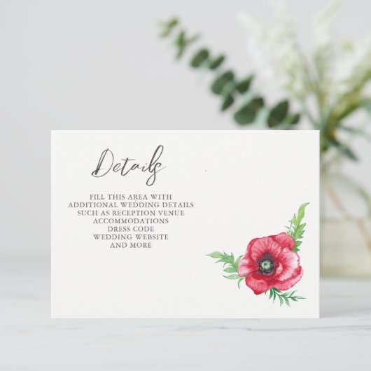 素朴エレガント水彩画の赤いポピー結婚の エンクロージャーカード (スタンド正面)