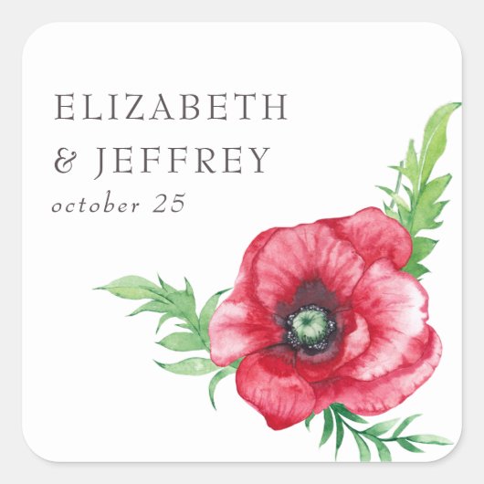素朴エレガント水彩画の赤いポピー結婚の スクエアシール (正面)