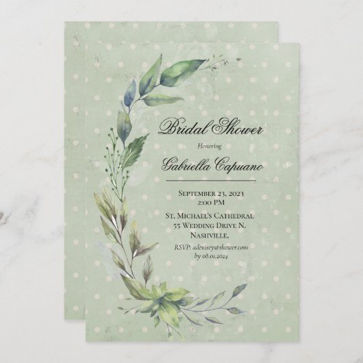 素朴エレガント緑葉ブライダルシャワー 招待状 (正面/裏面)