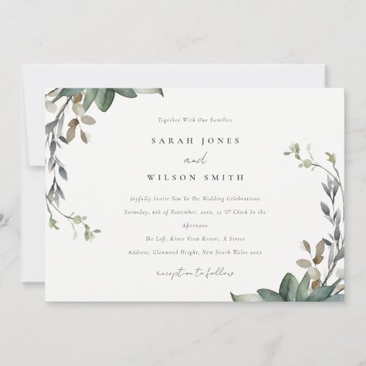 素朴エレガント緑葉水結婚色 招待状 (正面)