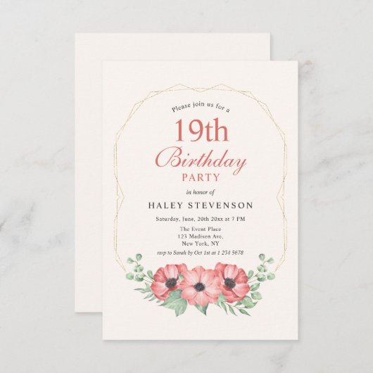 素朴エレガント赤面ピンクフローラ19誕生日 招待状 (正面/裏面)