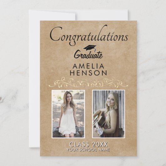 素朴エレガント金ゴールドオーナメント2写真卒業 カード (正面)