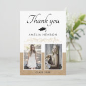 素朴エレガント金ゴールドオーナメント2写真卒業 サンキューカード (スタンド正面)