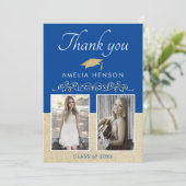 素朴エレガント金ゴールドオーナメント2写真卒業 サンキューカード (スタンド正面)