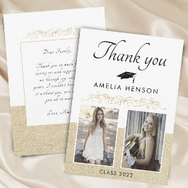 素朴エレガント金ゴールドオーナメント2写真卒業 サンキューカード