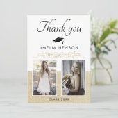 素朴エレガント金ゴールドオーナメント2写真卒業 サンキューカード (スタンド正面)