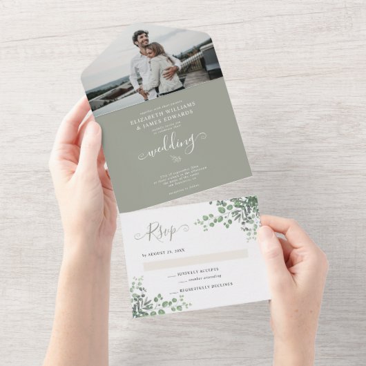 素朴エレガントEucalyptus Greenery写真結婚の オールインワン招待状 (貼ってはがせる)