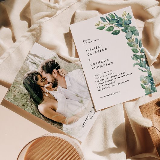 素朴エレガントEucalyptus Greenery写真結婚の 招待状