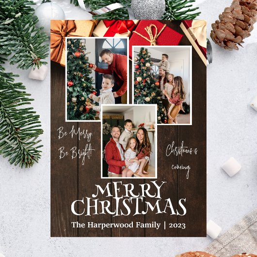 素朴エレガントJoy Christmas Family Photo Collage 箔シーズンカード