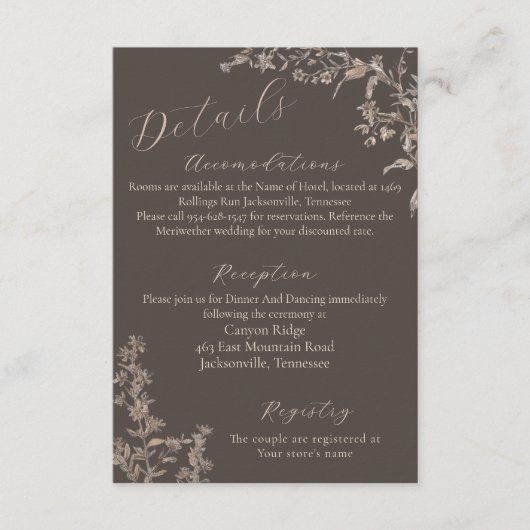 素朴エレガントMocha Script Wildflowers結婚's エンクロージャーカード (正面)
