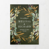 素朴オリーブグリーン葉金ゴールド写真結婚s 三つ折り招待状 (カバー)
