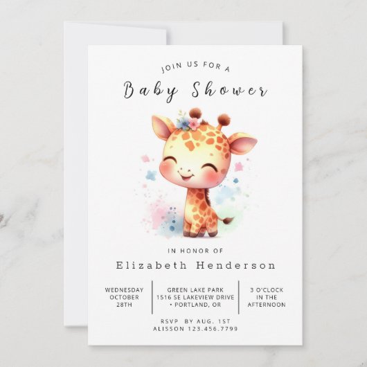 素朴カスタムキリン赤ちゃんシャワー 招待状 (正面)