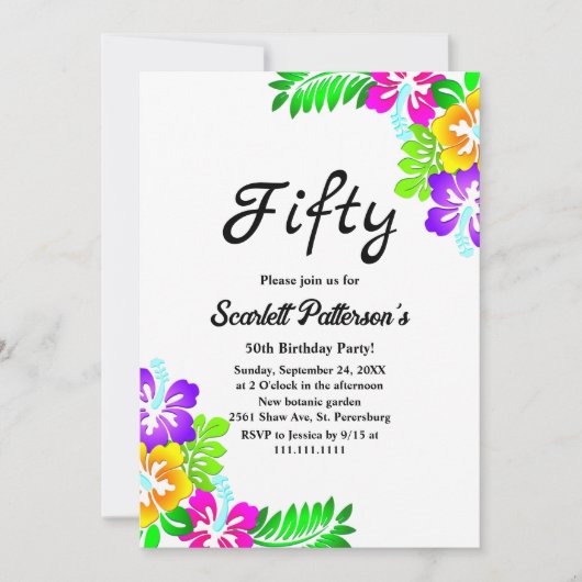 素朴カラフルバラ夏フローラ50誕生日 招待状 (正面)