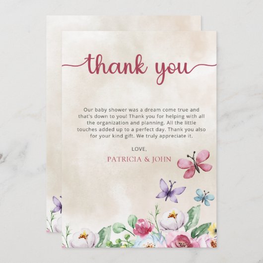 素朴カラフルフローラ蝶ベイビーシャワー サンキューカード (正面/裏面)