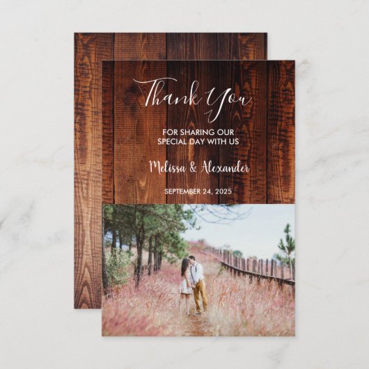 素朴カントリー納屋の木ありがとう写真結婚s 招待状 (正面/裏面)