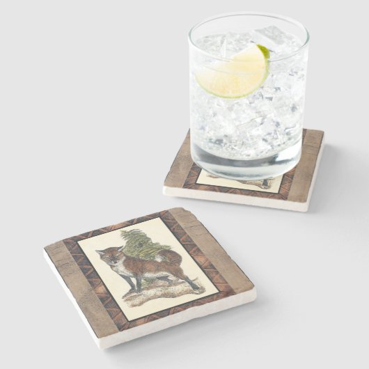 素朴キツネの木の幹へのステップ ストーンコースター (横)