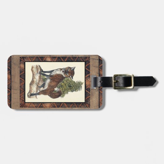 素朴キツネの木の幹へのステップ ラゲッジタグ (正面横)