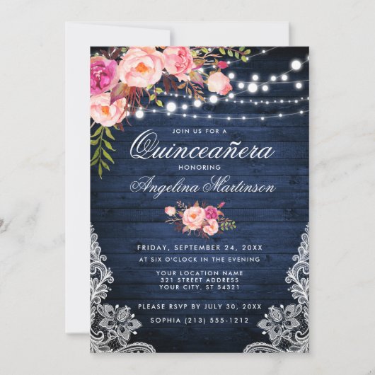 素朴キンセアニェラブルーウッドライトピンクフローラ 招待状 (正面)