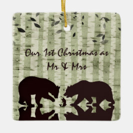 素朴クマ、樺の木の木の第1回クリスマスミスター&ミセス セラミックオーナメント