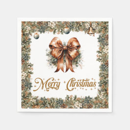 素朴クラシックセージ緑の金ゴールドクリスマスリボン スタンダードカクテルナプキン