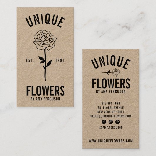 素朴クラフトモダントレンディー白黒バラ花 名刺 (正面/裏面)