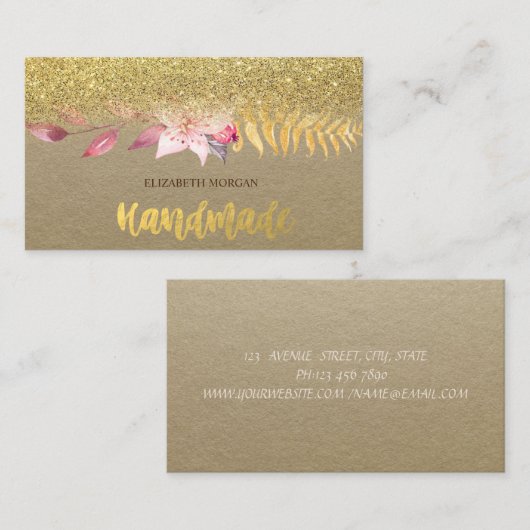 素朴クラフト、水彩花、グリッターグラデーション 名刺 (正面/裏面)