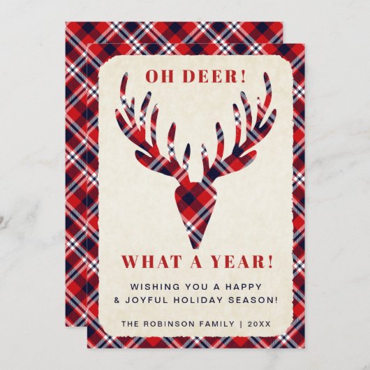 素朴クリスマスああ鹿どのような年のタータンチェックプレイド シーズンカード (正面/裏面)