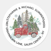 素朴クリスマスのトラックの木のラウンド差出人住所 ラウンドシール (正面)