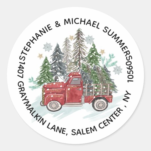 素朴クリスマスのトラックの木のラウンド差出人住所 ラウンドシール (正面)